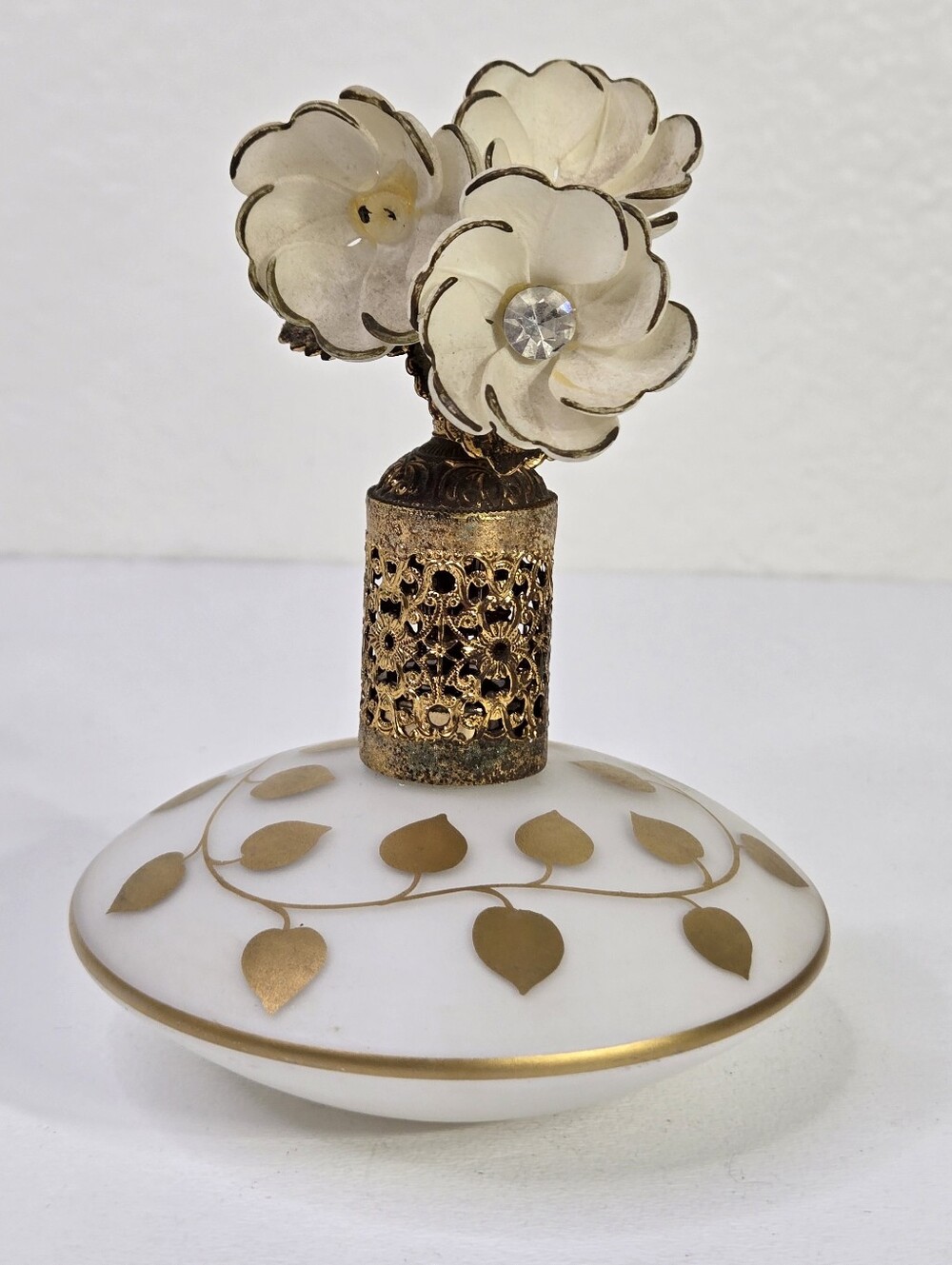 Vtg Irice West Germany Milk Glass Perfume Bottle Gold Leaves Carved Flower Top